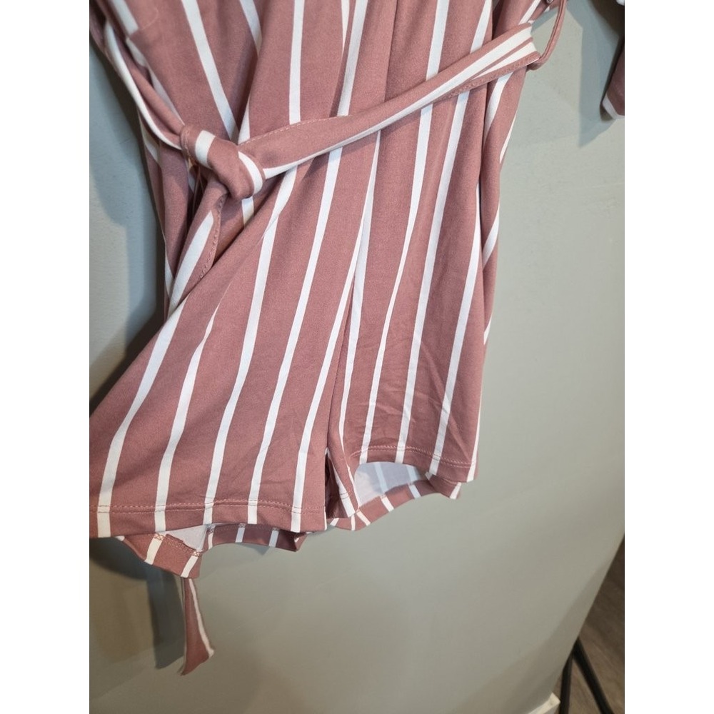 Capella Apparel Romper Womens Small Mauve White Striped V-Neck Tie Waist NWT - Picture 3 of 3